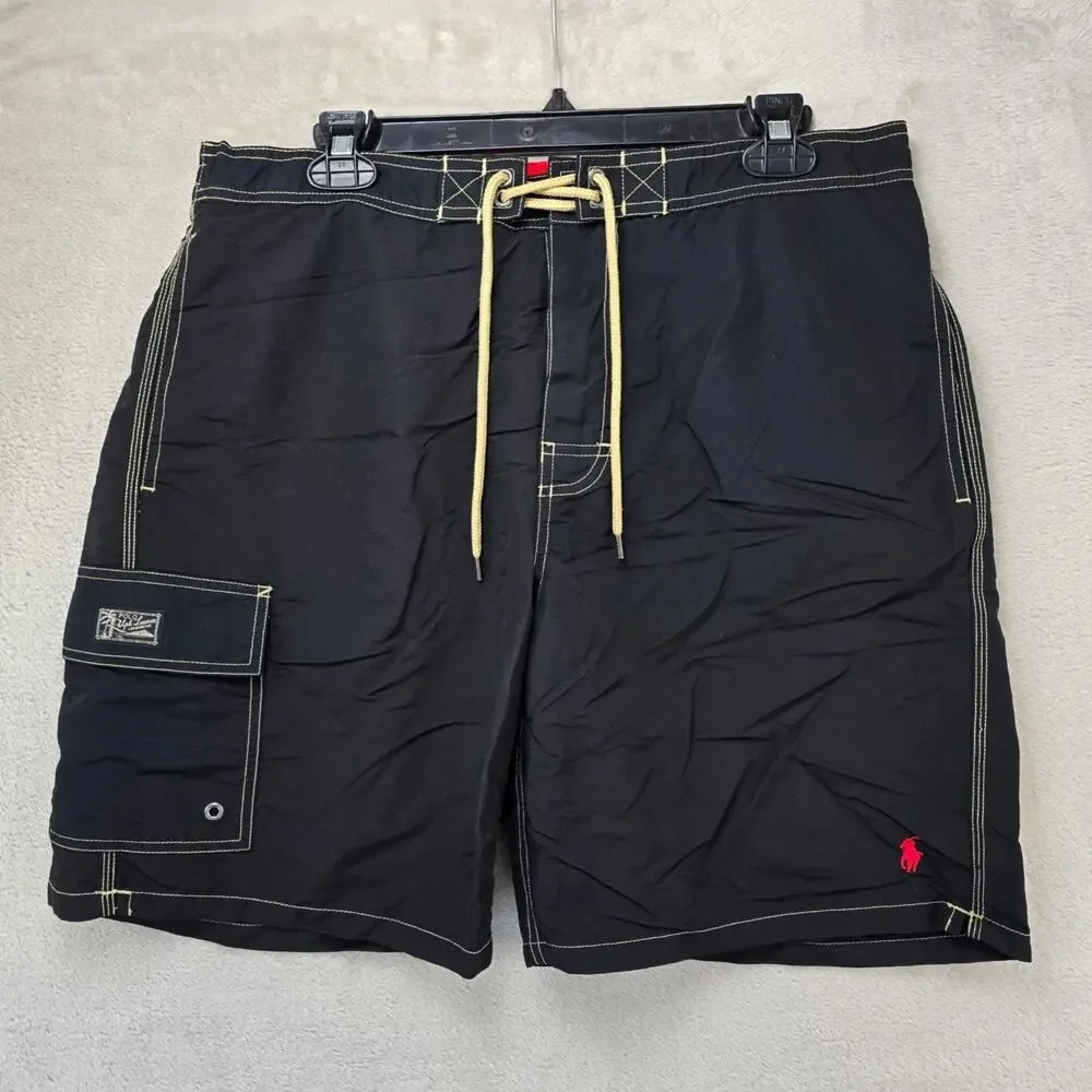 Polo Ralph Lauren Swim Shorts Mens Large Black Cargo Trunks Red Pony Logo Surf